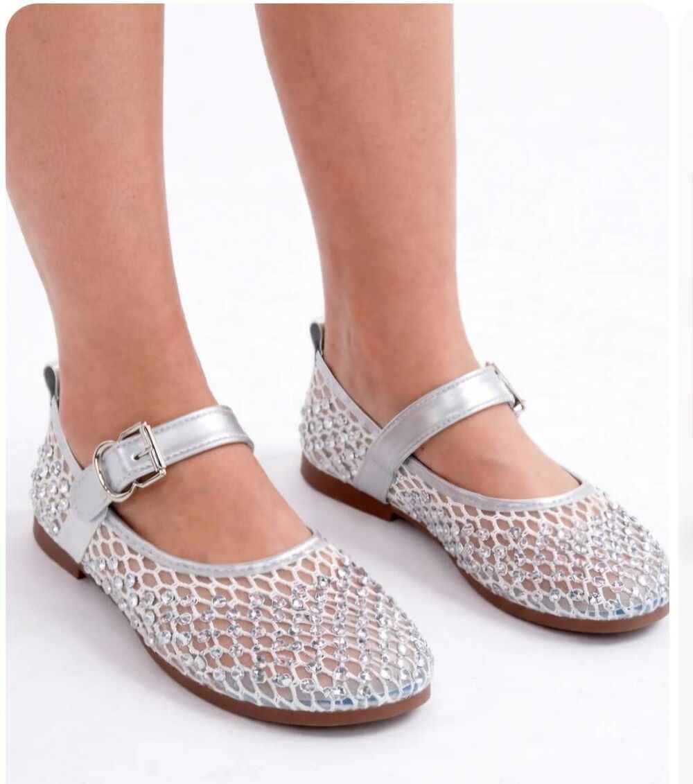 Silver rhinestone-embellished mesh Mary Jane flat shoes featuring an adjustable
